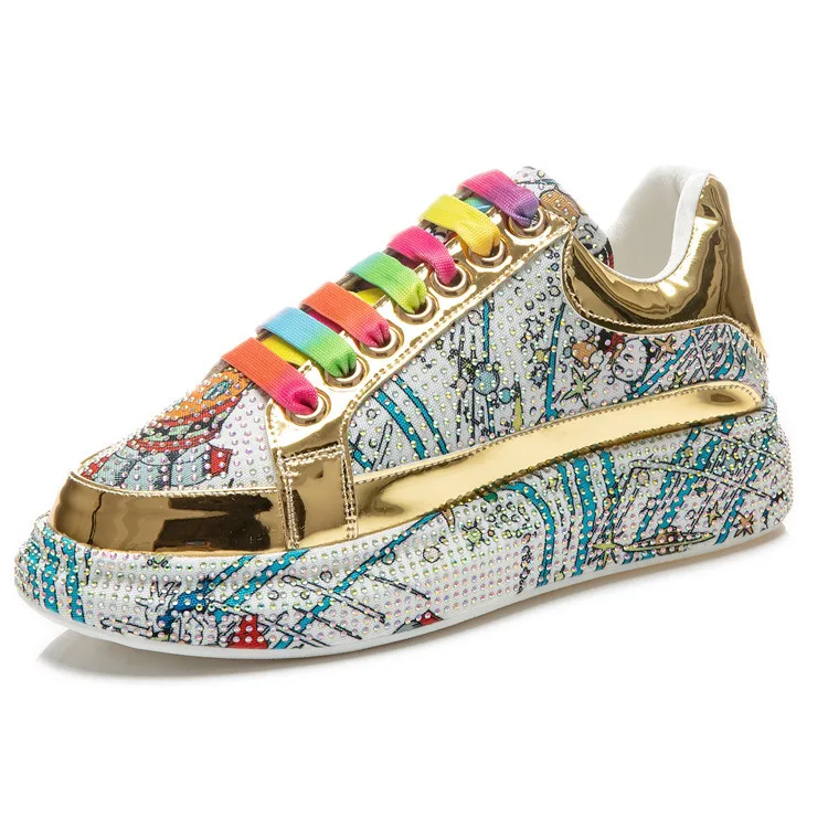 Women's Shoes 41-43 Autumn New Wedge Rhinestone Colorful Casual White Shoes Thick-Soled Casual Sneakers Women's