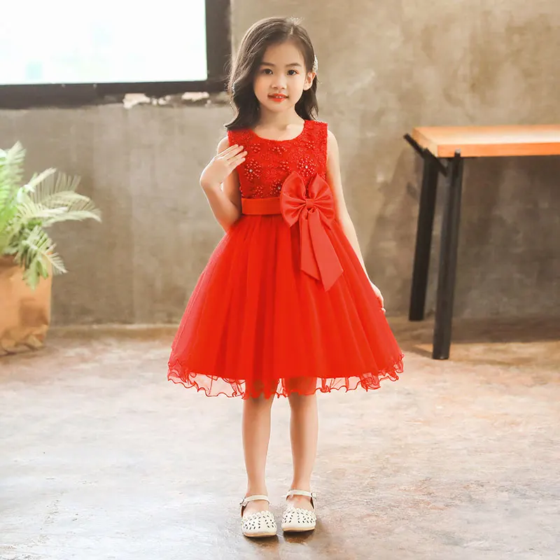 Children's Clothing Beading Christmas Dress For Girls Back Zipper Up Red Robe Princesse Fille Bow Tie Princess Dress Embroidery Vestidos Para Niñas