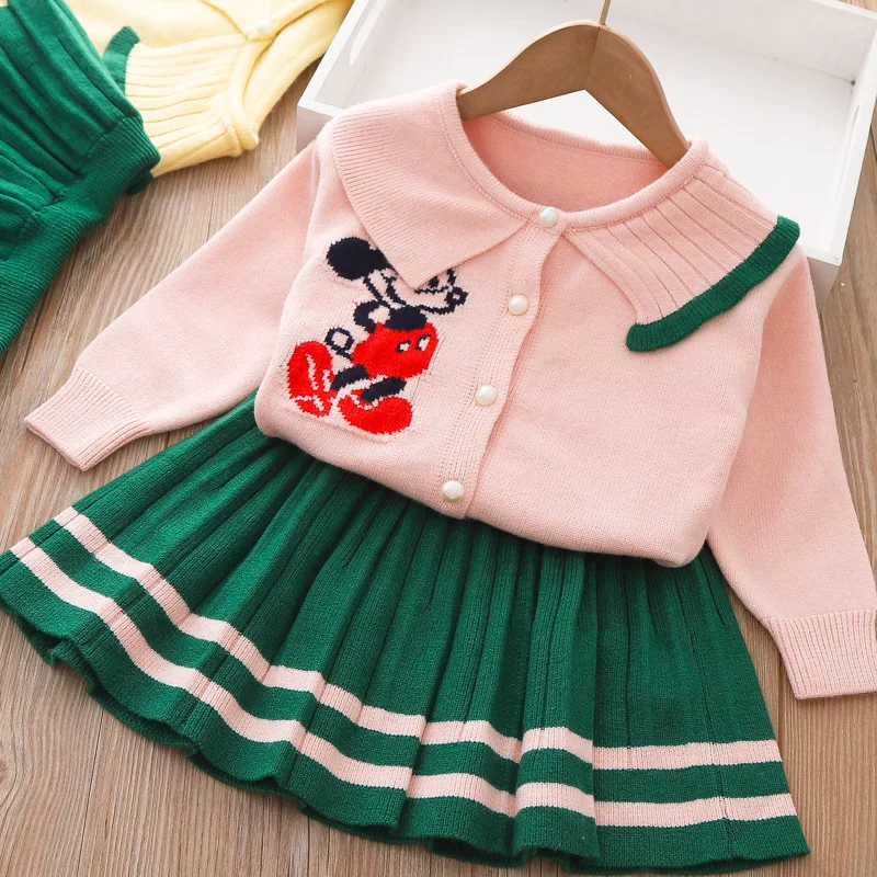 Children's Clothing Girls Toddler Sweater Set 2022 Winter Little Girl Mickey Mouse Knit Cardigan Pleated Skirt Two Piece Sets Kids Cartoon Clothes