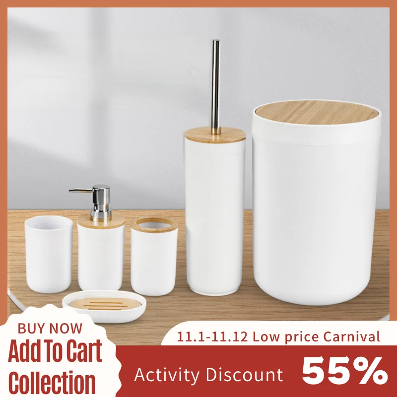 Household Merchandises  AliExpress 6pcs Bathroom Accessories Set Bamboo Wood Cover Trash Can Soap Lotion Dispenser Soap Dish Storage Bathroom Wash Set Organizer