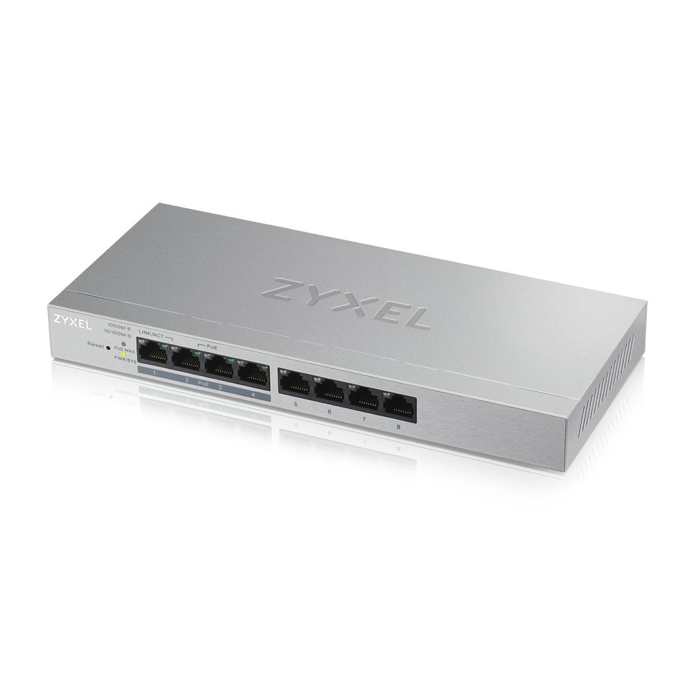 Zyxel GS1200-8HP v2, 8xGE (4xPoE+), настольный, бесшумный (без вентилятора), с поддержкой VLAN, IGMP, QoS и Link Aggregation, PoE 60 Вт
