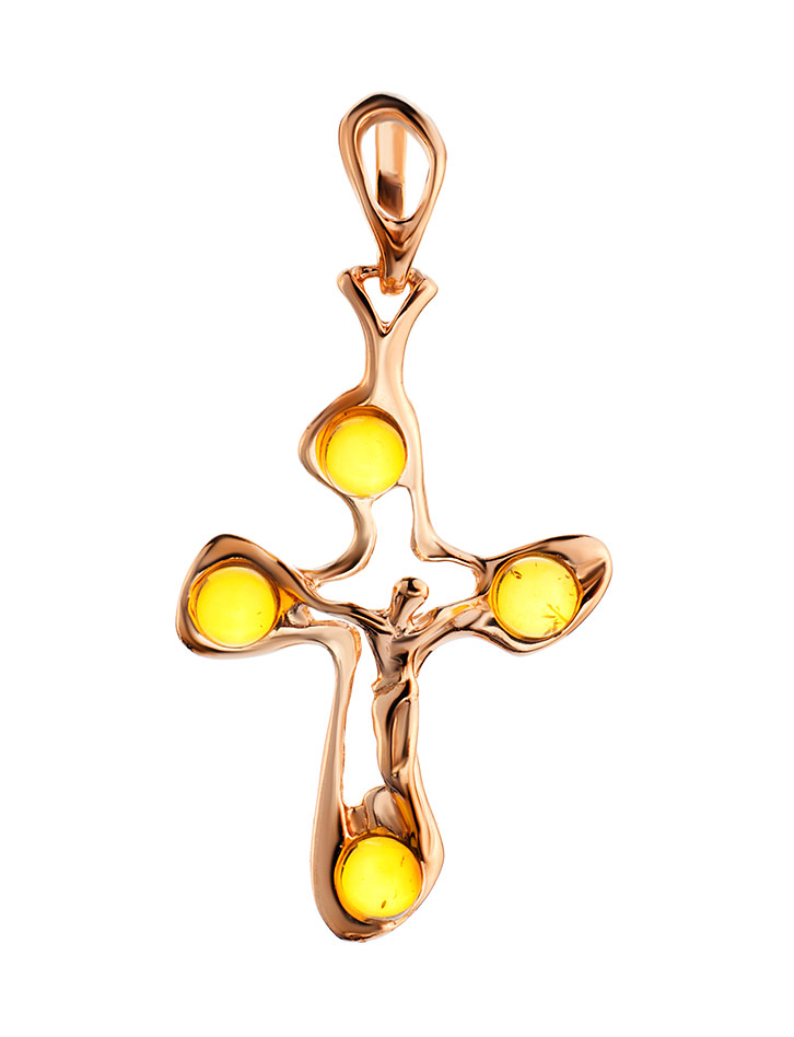 Крестик из серебра в золоте, украшенный коньячным янтарём