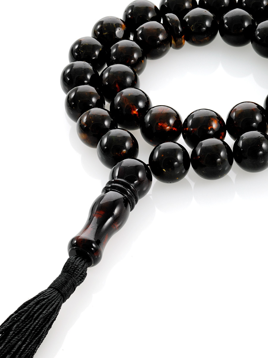 Чётки на 33 бусины-шара из натурального формованного янтаря чёрного цвета