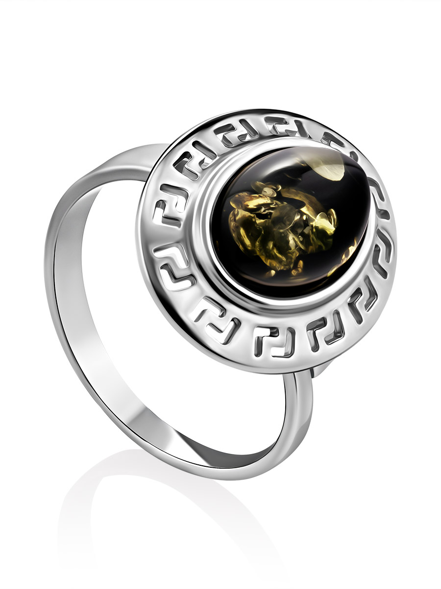 Небольшое изысканное кольцо из серебра с натуральным зелёным янтарём «Эллада»