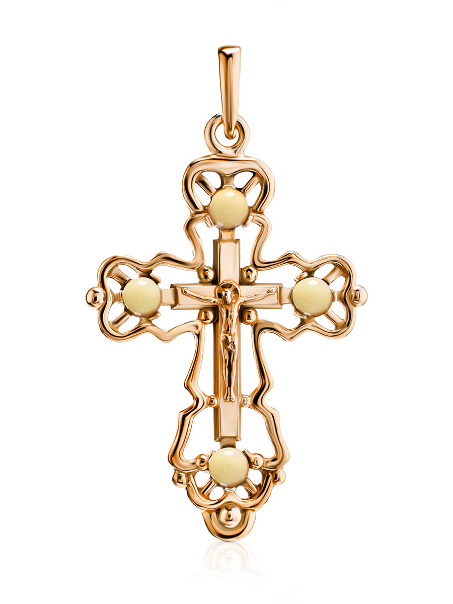 Нежный серебряный крестик с янтарём медового цвета