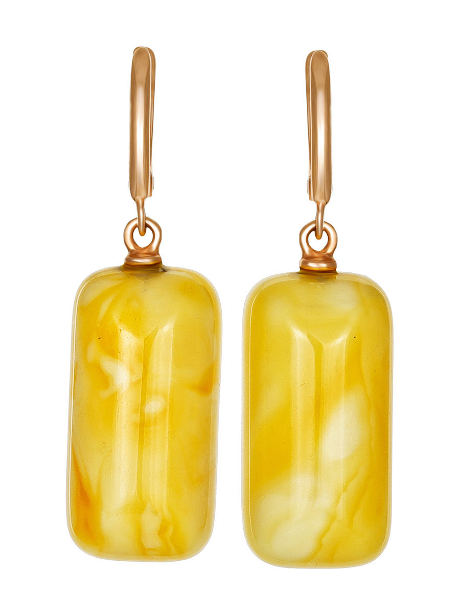 Серьги — янтарь в золоте Лаконичные подвесные серьги из натурального янтаря медового цвета