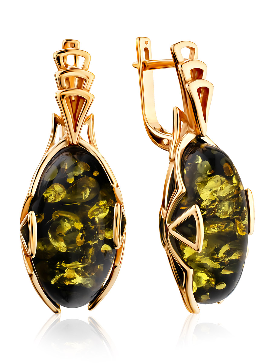 Серьги — янтарь в золоте Золотые серьги, украшенные натуральным янтарём зелёного цвета «Рандеву»