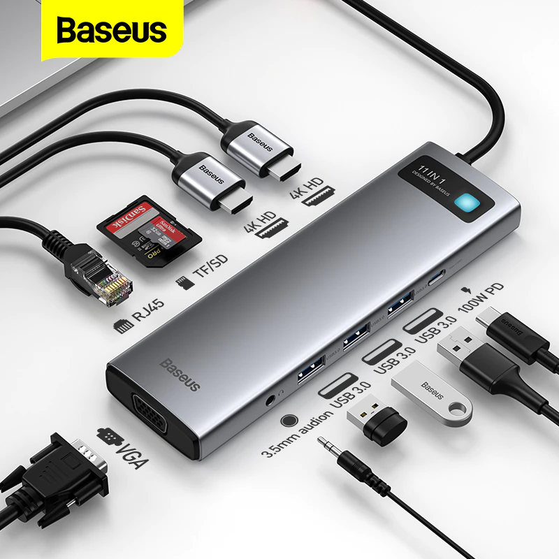 Адаптер Baseus 8 в 1 Starjoy Type-C HUB на HDMI*2/USB 3.0*3/PD/SD/TF (BS-OH046) (Space Gray)