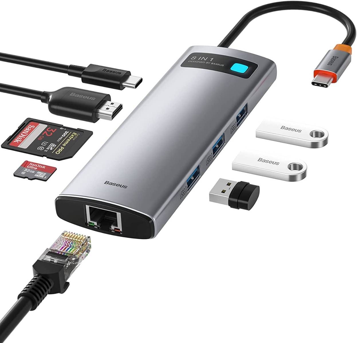 Адаптеры и переходники  AppleAvenue Адаптер Baseus 8 в 1 Starjoy Type-C HUB на HDMI/USB 3.0*3/PD/SD/TF/RJ45 (BS-OH102) (Space Gray)