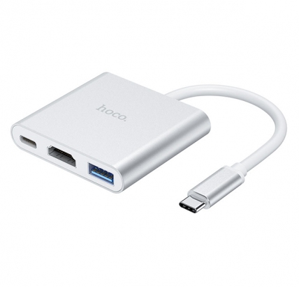 Адаптер Hoco (HB14) USB-C 3 в 1 на USB 3.0/HDMI/PD (Silver)