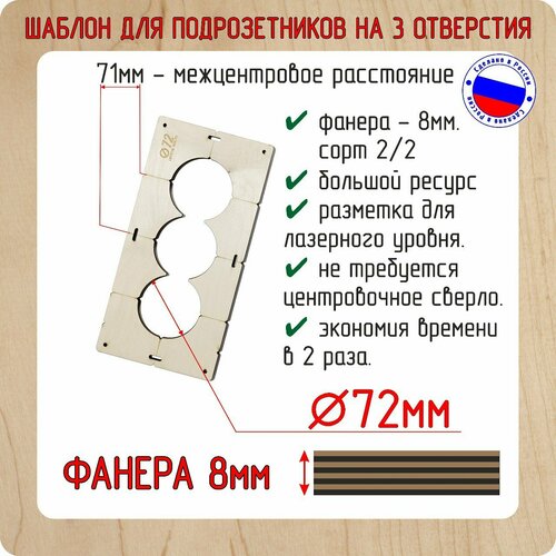 Шаблон для сверления подрозетников на 3 отверстия для коронки диаметром 72 мм,
