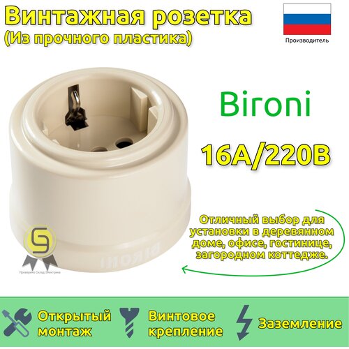 Винтажная розетка с заземляющим контактом, пластик, 16А, 250В, BIRONI