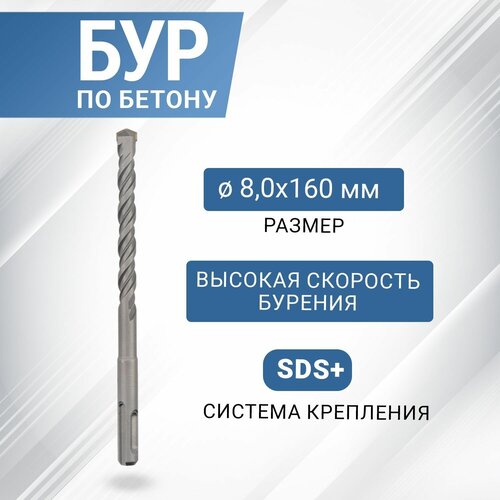 Бур по бетону SDS-plus с наконечником из карбида вольфрама, 8х160