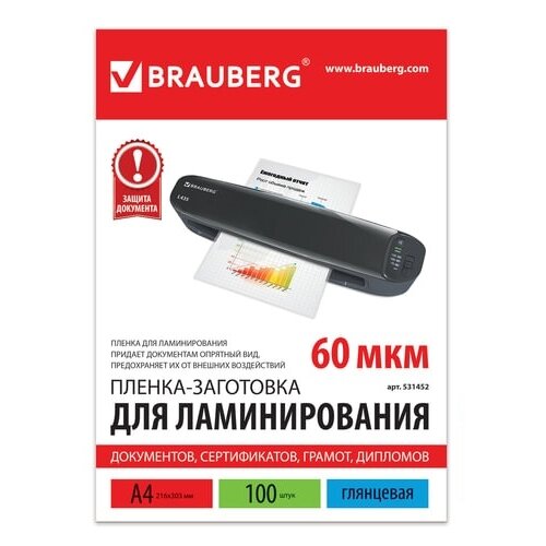  Пакетная пленка для ламинирования BRAUBERG Пленки-заготовки, А4, 60 мкм, 531452 100