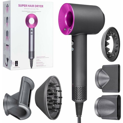 Профессиональный фен для волос Super Hair Dryer 2600 Вт, 3 режима, 5 магнитных насадок, ионизация воздуха, цвет фуксия