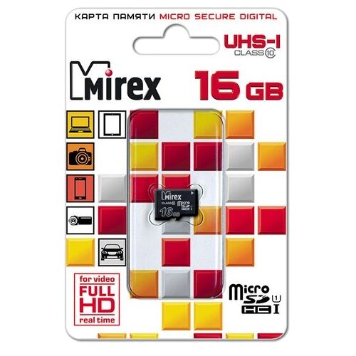 Карты памяти Карта памяти Mirex microSDHC 16 ГБ Class 10, UHS Class 1, R/W 104/45 МБ/с, 1