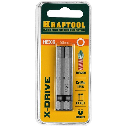 Торсионные кованые биты KRAFTOOL X-Drive HEX6 50 мм 2 шт. 26