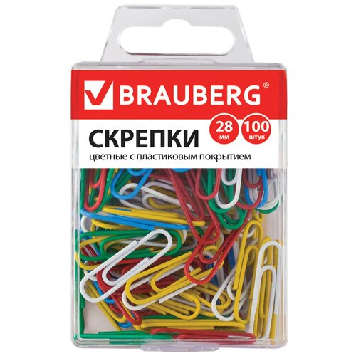 Скрепки BRAUBERG, 28 мм, цветные, 100 шт., в пластиковой кор