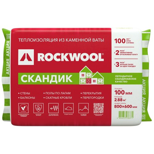 Минеральная вата Каменная вата Rockwool Лайт Баттс Скандик 800x600х100мм 6 шт