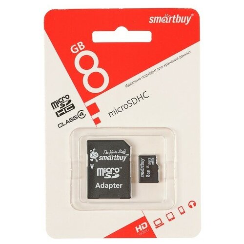 Карта памяти Smartbuy microSD, 8 Гб, SDHC, класс 4, с адапте