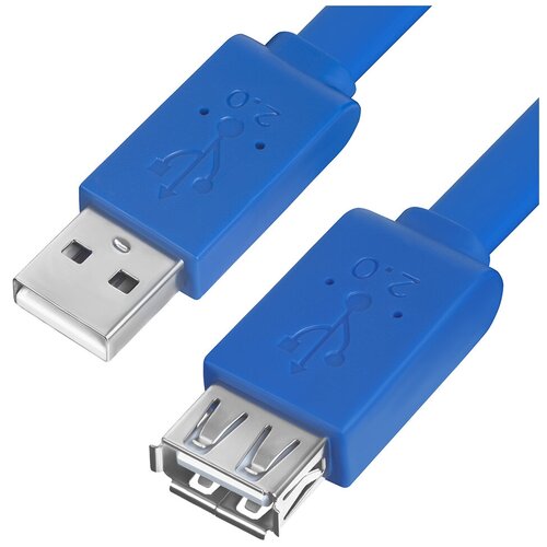 GCR Удлинитель PROF 5.0m USB 2.0, AM/AF, плоский синий, моро