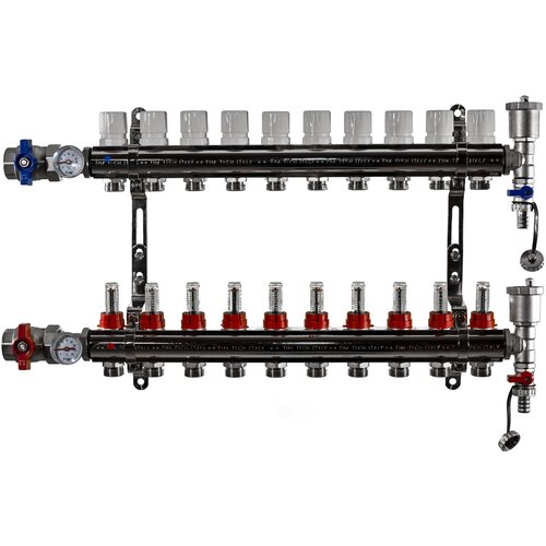 Коллекторная группа Tim (KA010) 1, 10 вых., расходомер, воздухоотводчик, сливной кран, термометр