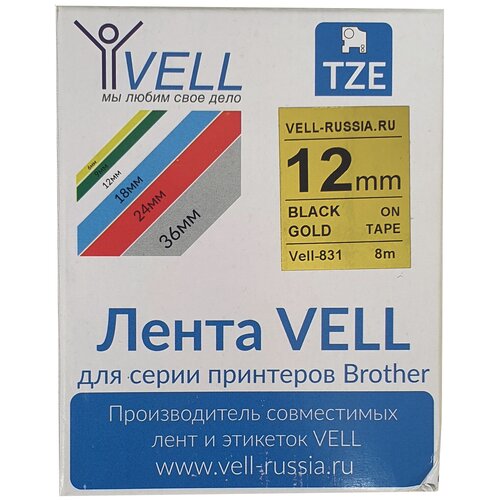 Лента Vell VL-831 (Brother TZE-831, 12 мм, черный на золотом) для PT