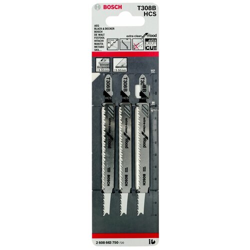  Лобзиковые пилки Bosch 3 шт Т 308 В Extra-clean for Wood, HC