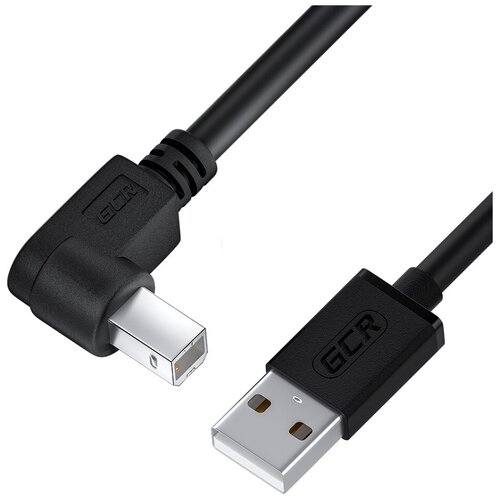 GCR Кабель 0.5m USB 2.0, AM угловой левый/BM угловой, черный, 28/28 AWG, экран, армированный,