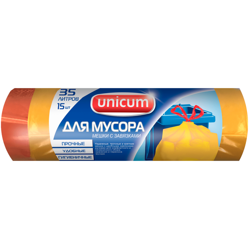 Мешки для мусора Unicum Premium с завязками 35 л, 15 шт., желтый