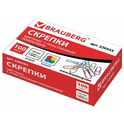 Скрепки BRAUBERG, 28 мм, цветные, 100 шт., в картонной короб