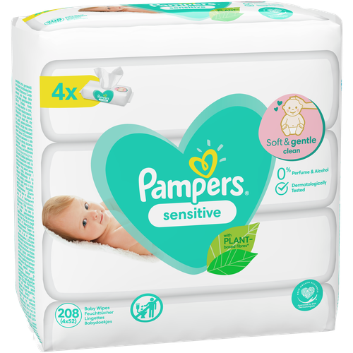 Влажные салфетки Pampers Sensitive, липучка, 52 шт., 4 уп.