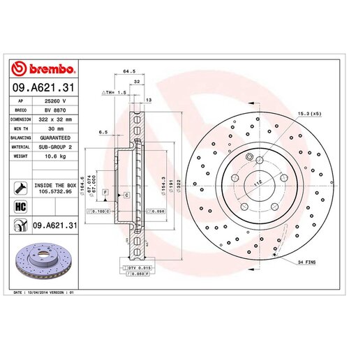 Тормозной диск передний brembo 09.A621.31 для BMW i3, Lexus ES, Mercedes-Benz E-class,