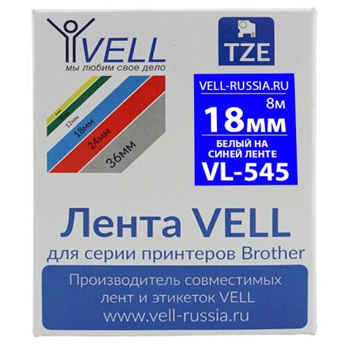 Лента Vell VL-545 (Brother TZE-545, 18 мм, белый на синем) д