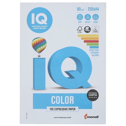 IQ Бумага цветная А4 250 л, IQ COLOR, 80 г/м2, 39,40,44,42,4