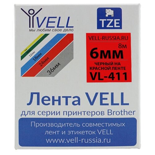 Лента Vell VL-411 (Brother TZE-411, 6 мм, черный на красном)