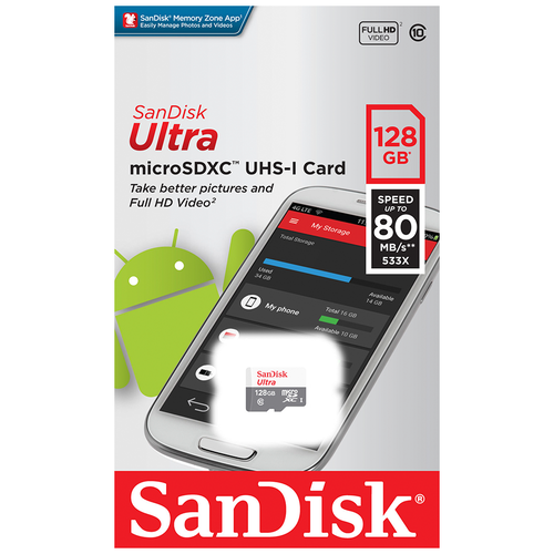 SanDisk Карта памяти MicroSD SanDisk 128GB Class 10 (80 Mb/s