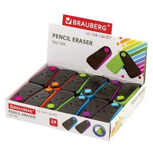 Ластик BRAUBERG ULTRA COLOR, 57х24х15 мм, ассорти, черный пластиковый