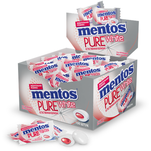 Жевательная резинка MENTOS Pure White Клубника, в коробке, 100 шт. в