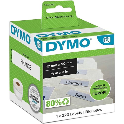 Этикетки DYMO для подвесных папок, белые, бумажные, стойкие, 50 х 12 мм, 220