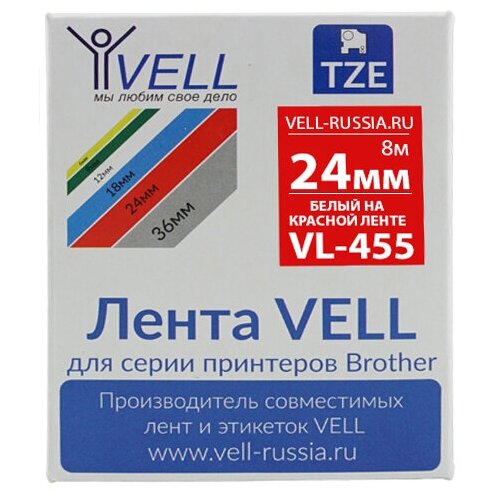 Лента Vell VL-455 (Brother TZE-455, 24 мм, белый на красном)