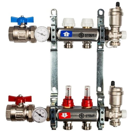 Коллектор Stout 1 x 3/4 на 8 контуров с расходомерами в сб