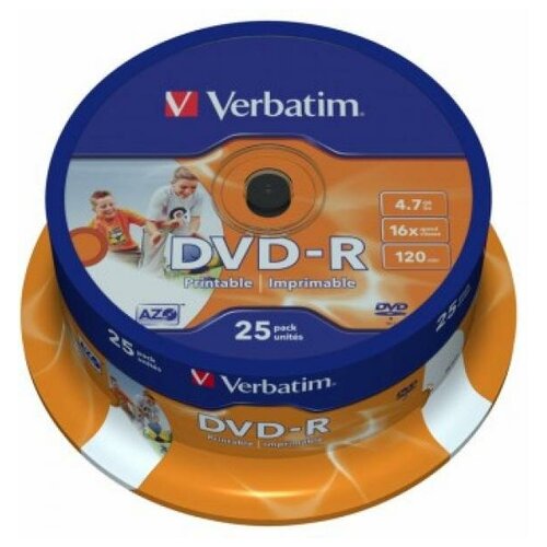 Verbatim Диск DVD-R 4,7Gb 16x Cake Box Printable 25шт 43538