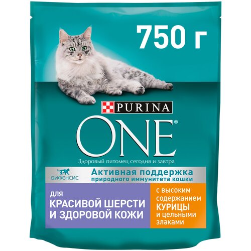 Сухой корм для кошек Purina ONE для красивой шерсти, здоровой кожи и контроля образования волосяных комков, профилактика МКБ с курицей и цельными злаками 750 г