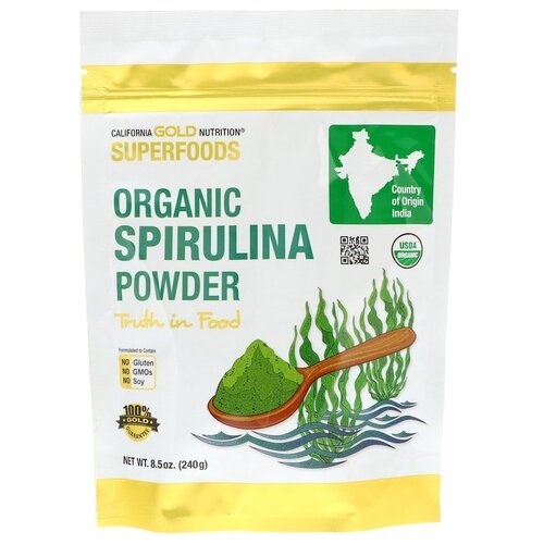 Спирулина California Gold Nutrition Organic powder, пластиковый пакет, 240