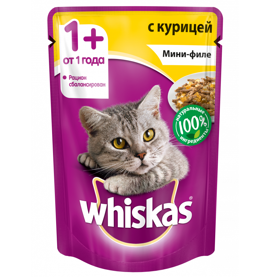 Корм для кошек Whiskas мини-филе курица желе конс. пауч 85г