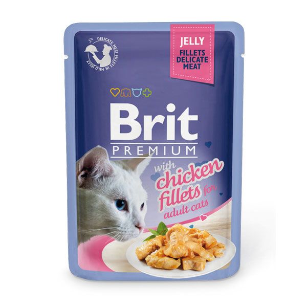 Влажные корма  Бетховен Корм для кошек Brit Premium Cat Jelly Кусочки из куриного филе в желе пауч 85г