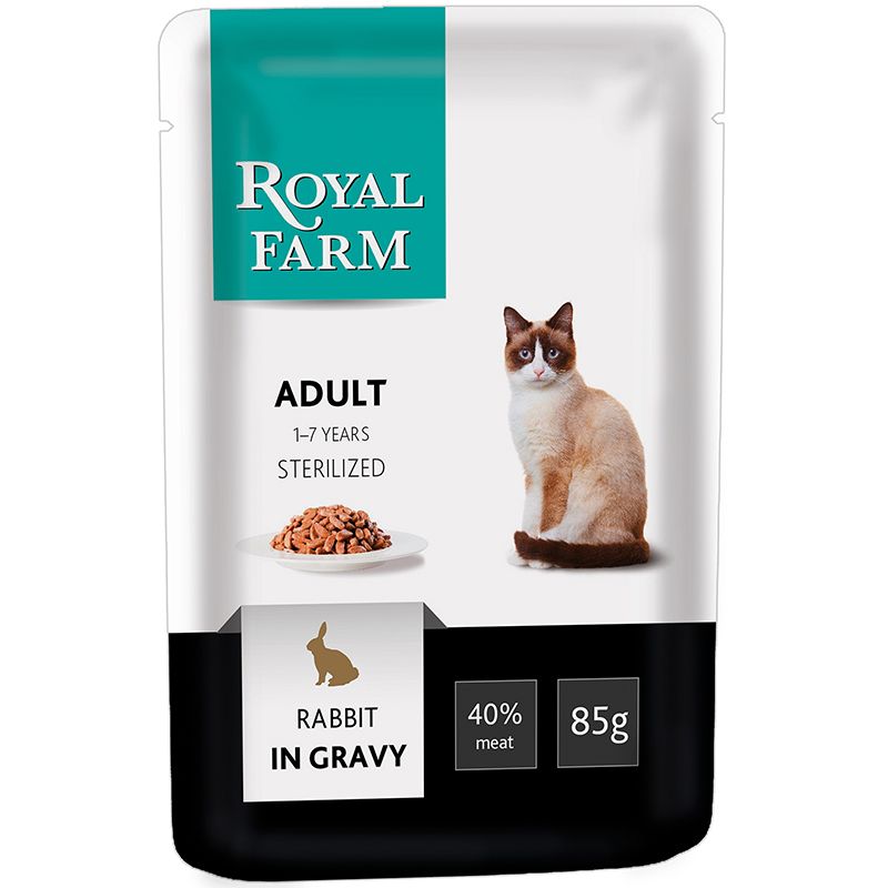 Влажные корма  Бетховен Корм для кошек ROYAL FARM для стерилизованных кролик в соусе конс. пауч 85г