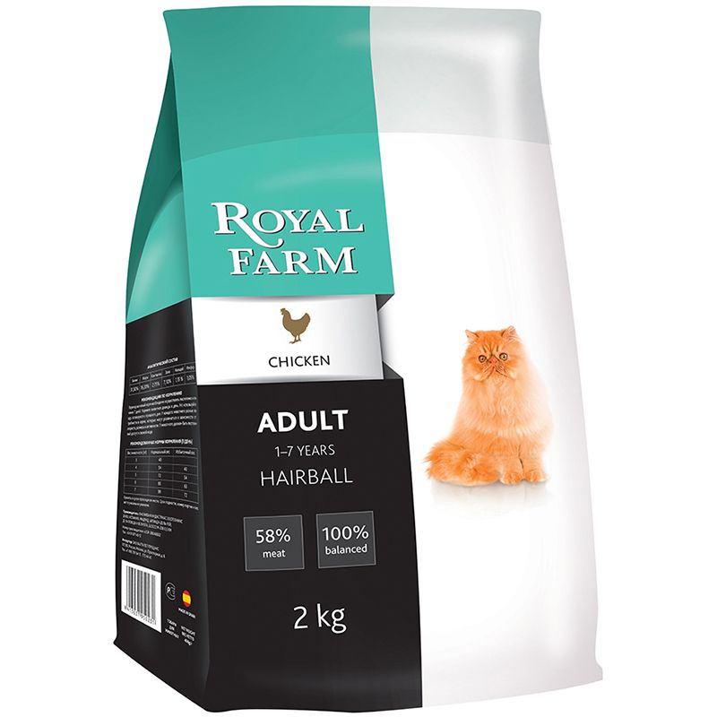 Корм для кошек ROYAL FARM для вывода шерсти, курица сух. 2кг