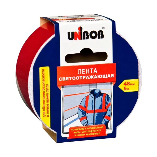 лента клейкая, светоотражающая unibob 48мм*5м красно-белая 48984